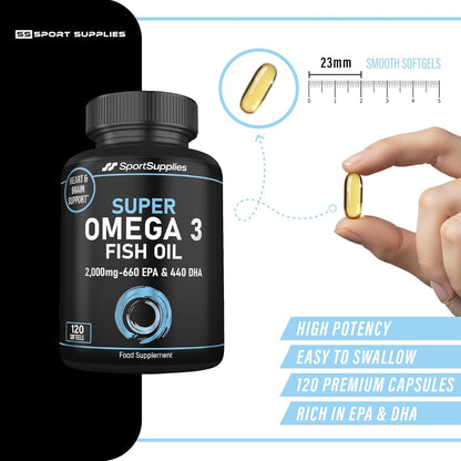 Omega 3 Fish Oil Capsules High Strength - 2,000mg Daily Serving - 33:22 EPA/DHA - 120 Softgel Capsules - SS Sport Supplies