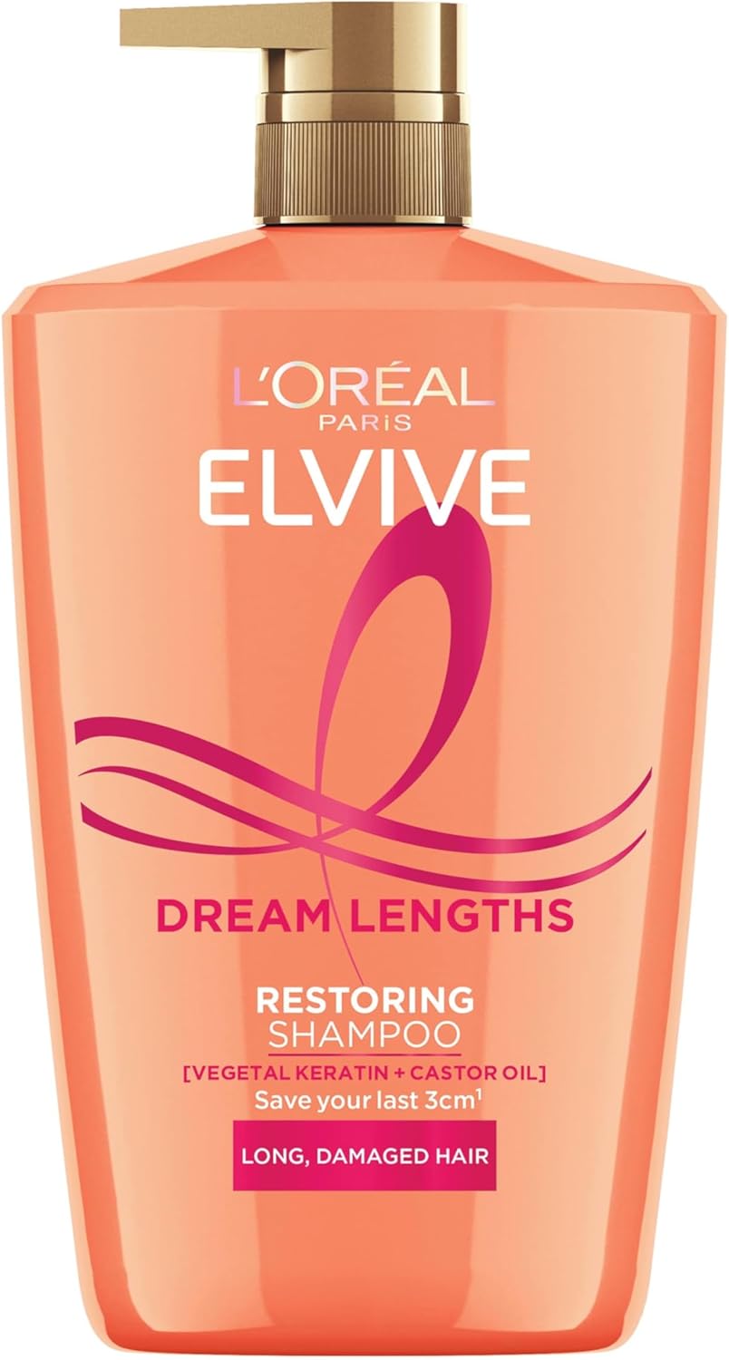 L'Oréal Paris Shampoo For Long Hair And Hair Growth, Elvive Dream Lengths Restoring With Vegetal Keratin And Castor Oil, Fortifies Lengths, Seals Split Ends And Prevents Breakage, XL Format 1000ml
