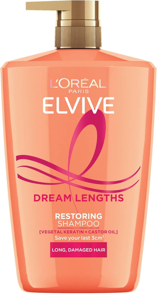 L'Oréal Paris Shampoo For Long Hair And Hair Growth, Elvive Dream Lengths Restoring With Vegetal Keratin And Castor Oil, Fortifies Lengths, Seals Split Ends And Prevents Breakage, XL Format 1000ml