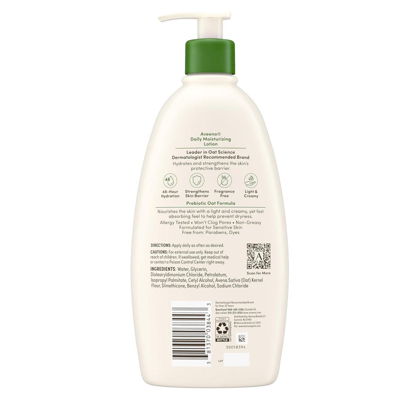 Aveeno Daily Moisturizing Body Lotion, Body Lotion for Dry Skin with Prebiotic Oat, Paraben Free, Fragrance Free, Non-Greasy, Non-Comedogenic Moisturizer, 18 FL OZ