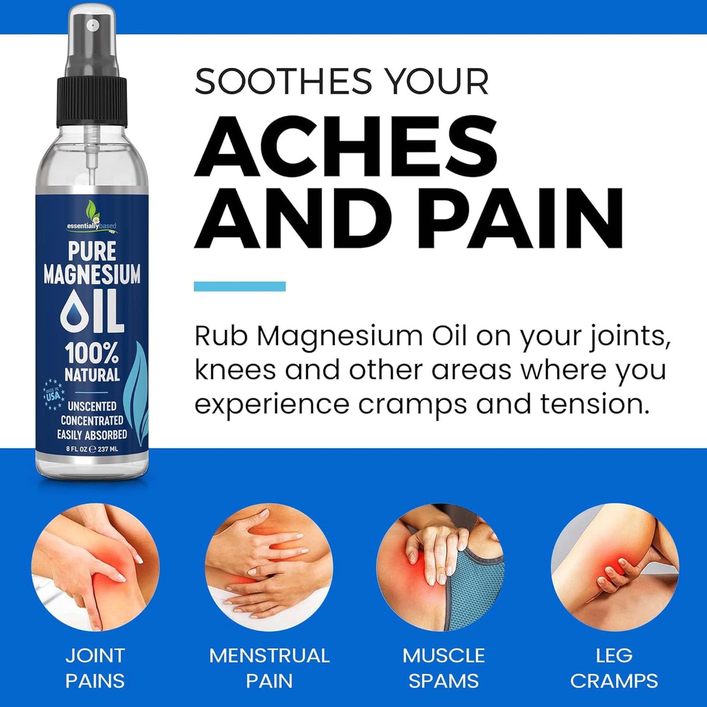 Pure Magnesium Oil Spray 8oz - Topical Magnesium Spray for Sleep & Feet - Extra Strength - USP Grade - 100% Natural and Organic Oil for Muscle Pain & Cramps - Less Sting - Less Itch - Made in USA
