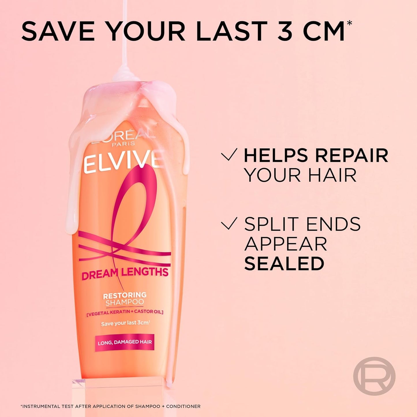 L'Oréal Paris Shampoo For Long Hair And Hair Growth, Elvive Dream Lengths Restoring With Vegetal Keratin And Castor Oil, Fortifies Lengths, Seals Split Ends And Prevents Breakage, XL Format 1000ml