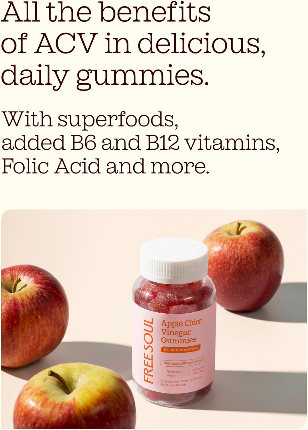 Apple Cider Vinegar Gummies with The Mother 1000mg | Enhanced with Vitamin B12 & Folic Acid | 60 Vegan ACV Capsules with Pomegranate & Beetroot Powder | Natural Ingredients by Free Soul