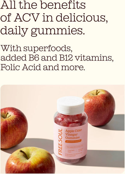 Apple Cider Vinegar Gummies with The Mother 1000mg | Enhanced with Vitamin B12 & Folic Acid | 60 Vegan ACV Capsules with Pomegranate & Beetroot Powder | Natural Ingredients by Free Soul