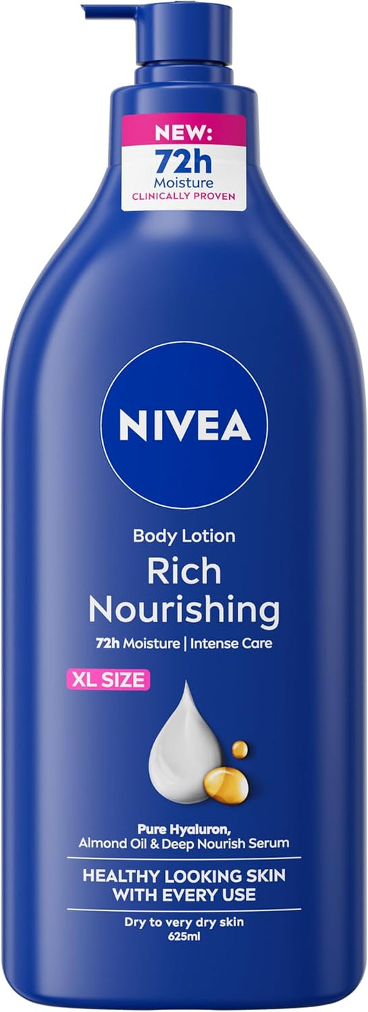 NIVEA Rich Nourishing Body Lotion (625ml), Rich 72H Hydration Moisturiser for Dry Skin Made with Deep Moisture Serum and Almond Oil, Extra Large NIVEA Body Lotion