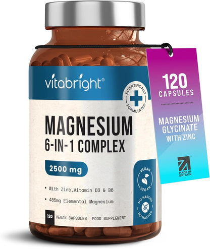 VitaBright Magnesium Glycinate Complex 6-in-1 | 2500mg, 485mg Elemental | 120 Caps | Glycinate Tablets, Zinc, Vitamin B6 & D | High Strength Magnesium Supplements for Women | ZMA Supplements for Men