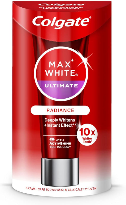 Colgate Max White Ultimate Radiance Whitening Toothpaste 75ml - 10X Whiter Teeth* - Instant Teeth Whitening Toothpaste - Deeply* Whitens - Helps Prevent Future Stains - Enamel Safe for Daily Use