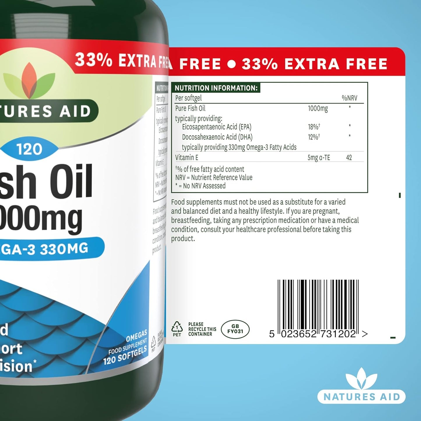 Natures Aid Fish Oil 1000mg – High Strength Omega-3 Supplement with DHA & EPA – Supports Heart, Brain Vision, Immune & Joint Health Non-GMO – High Strength Natural Fish Oil – 120 Softgel Capsules