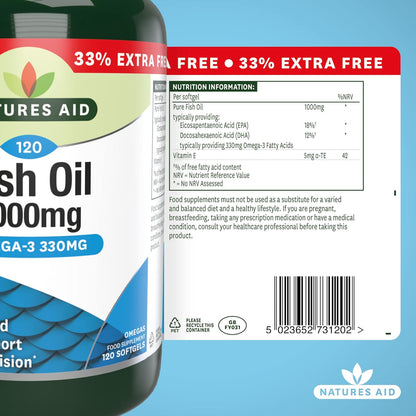 Natures Aid Fish Oil 1000mg – High Strength Omega-3 Supplement with DHA & EPA – Supports Heart, Brain Vision, Immune & Joint Health Non-GMO – High Strength Natural Fish Oil – 120 Softgel Capsules