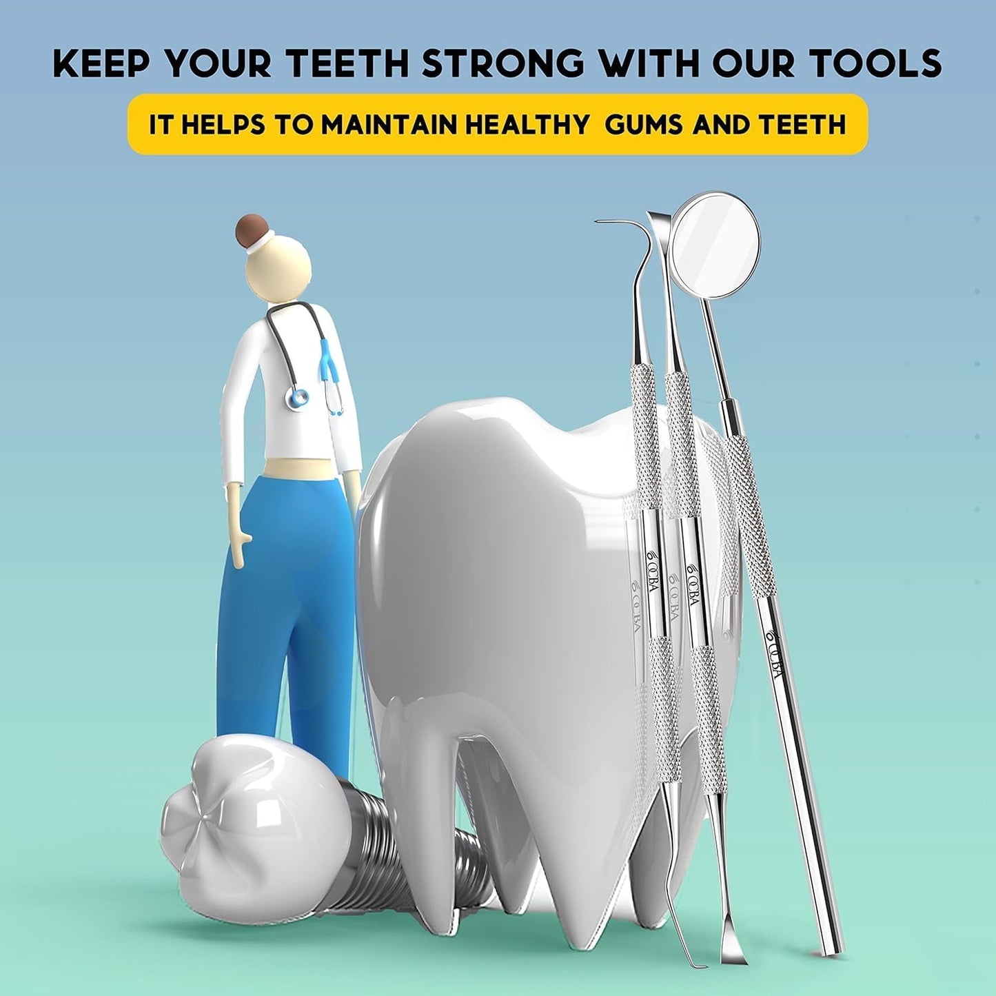 OCBA Plaque Remover for Teeth Cleaning Kit Stainless Steel Dental Plaque Removal Tool including Dentist mirror for Personal and Home Use