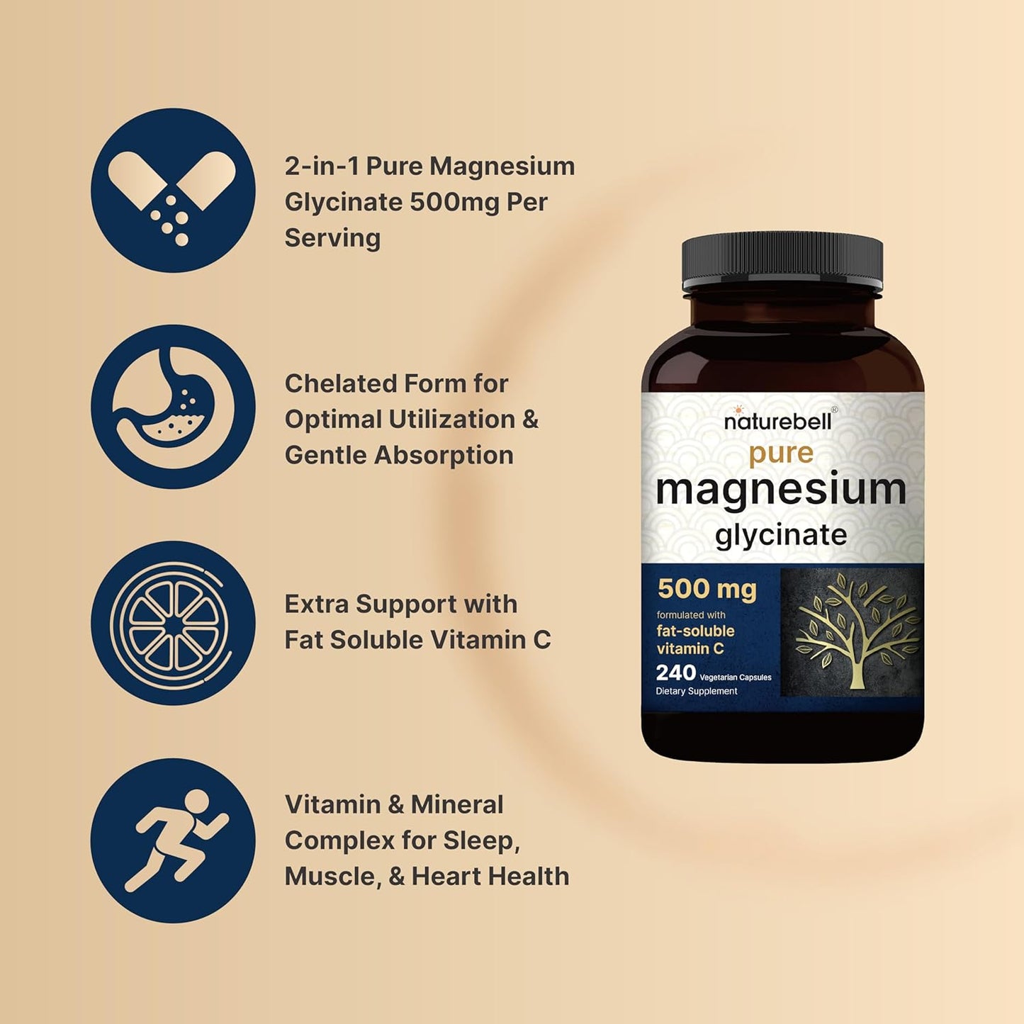 Naturebell Pure Magnesium Glycinate 500mg, 240 Veggie Capsules | 100% Chelated & Purified – 3rd Party Tested, Vegan Friendly, Non-GMO, Filler Free