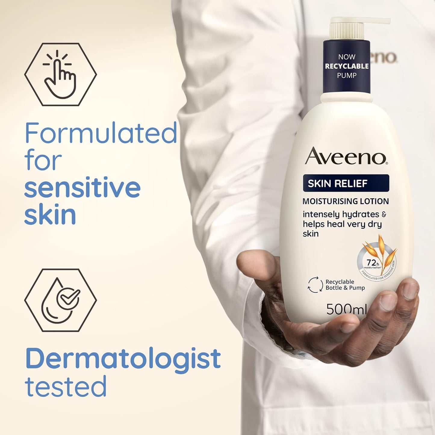 Aveeno Skin Relief Moisturising Lotion, With Soothing Triple Oat Complex & Shea Butter, Suitable For Sensitive Skin, 72-Hour Intense Hydration, Helps Relieve Very Dry and Tight Skin, Unscented, 500ml