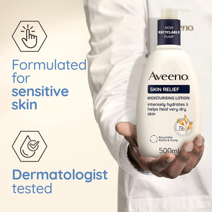 Aveeno Skin Relief Moisturising Lotion, With Soothing Triple Oat Complex & Shea Butter, Suitable For Sensitive Skin, 72-Hour Intense Hydration, Helps Relieve Very Dry and Tight Skin, Unscented, 500ml