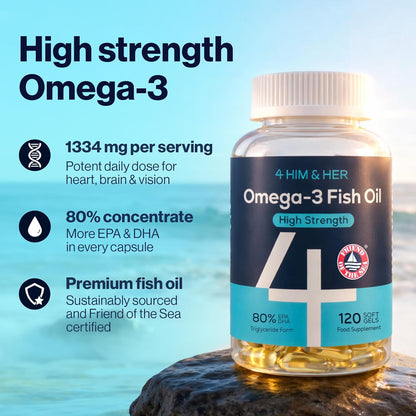 Omega 3 Capsules High Strength Fish Oil 1334mg – Easy to Swallow, No Fishy Taste – for Heart & Brain – 668mg EPA, 500mg DHA – 80% Concentrate Triglyceride Form – 120 Caps, 2 Month Supply – 4 HIM & HER