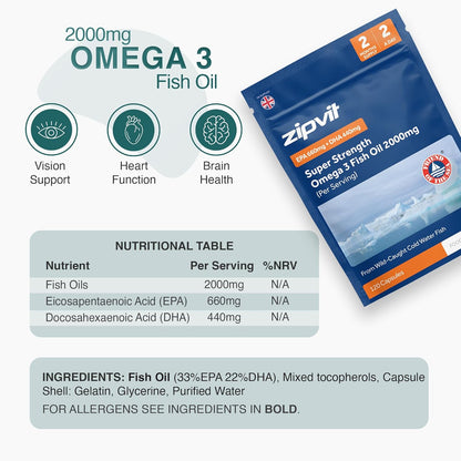 Zipvit Omega 3 Fish Oil 2000mg, EPA 660mg DHA 440mg, Wild-Caught, Cold Water Fish, Supports Heart, Brain & Vision, 120 Softgels, 2 Months Supply, Eco-Friendly Pouch