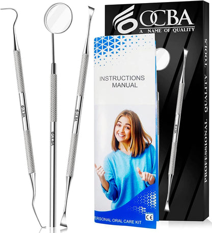 OCBA Plaque Remover for Teeth Cleaning Kit Stainless Steel Dental Plaque Removal Tool including Dentist mirror for Personal and Home Use