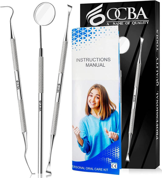 OCBA Plaque Remover for Teeth Cleaning Kit Stainless Steel Dental Plaque Removal Tool including Dentist mirror for Personal and Home Use