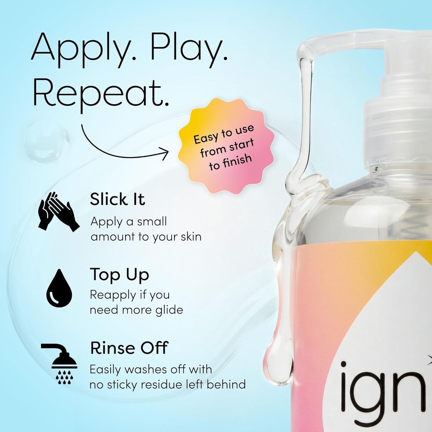Ignite Water Based Lube Gel 250ml | Fragrance Free, pH-Balanced Lube Water Based Unflavoured | Paraben Free, Vegan & Condom Friendly | Non Sticky & Non Staining Water Based Lubricant for Men & Women