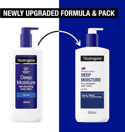 Neutrogena Norwegian Formula Deep Moisture Fast-Absorbing Body Lotion 400ml, Non-Greasy Body Moisturiser for Dry Skin with 10% Glycerine and Pro-Ceramide Technology, Provides 72-Hour Moisturisation