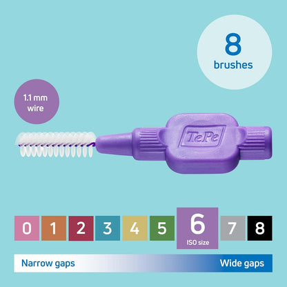 TePe Interdental Brush, Original, Purple, 1.1mm/ISO 6, 8pcs, Plaque Removal, Effective Cleaning Between Teeth, Dental flosser for Large Gaps