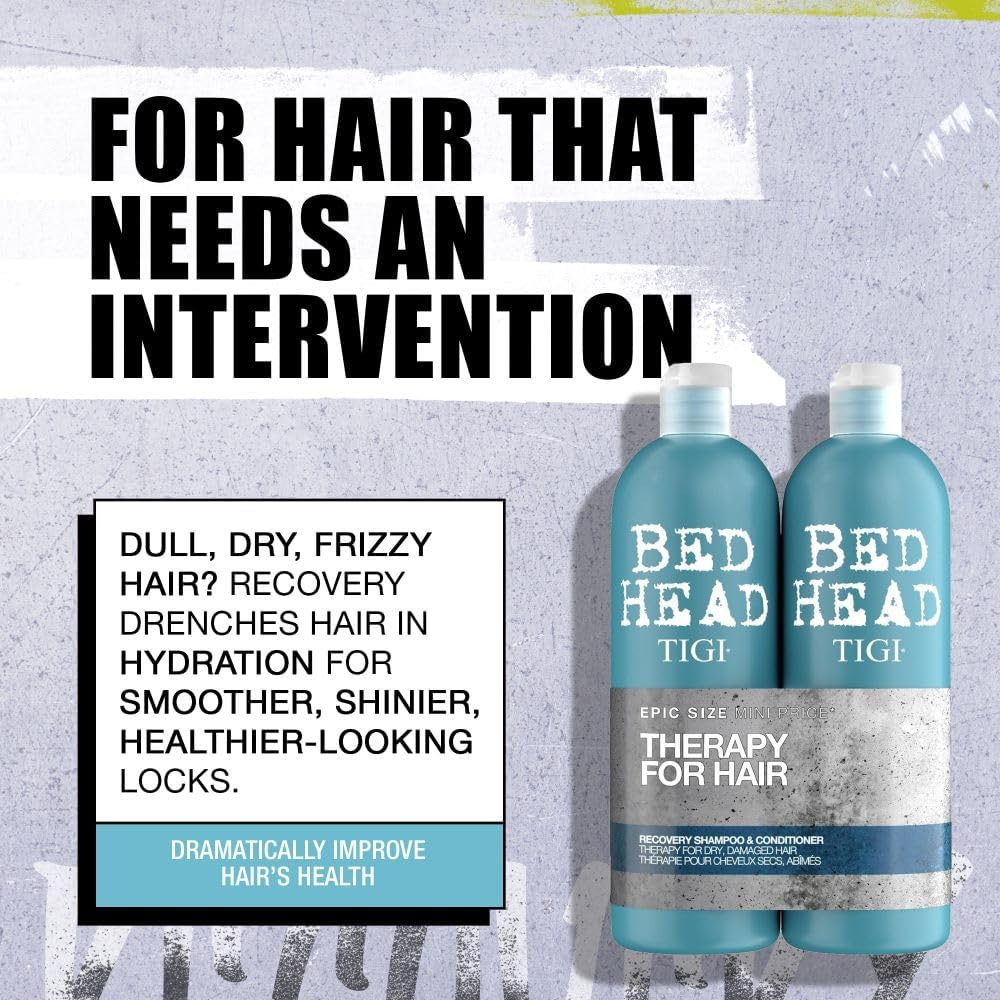 Bed Head by TIGI 750ml Recovery Shampoo and Conditioner Set - Deep Moisture, Salon-Pro, Shampoo and Conditioner for Dry, Heat Damaged Hair to Control Frizz, Unisex Colour Protection Hair Treatment