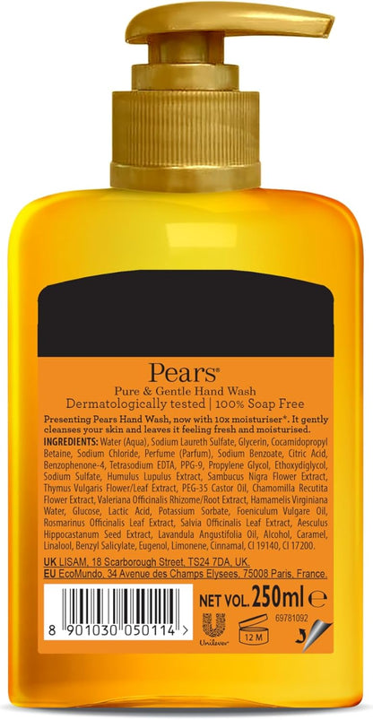 Pears Pure & Gentle Moisturising Liquid Hand Wash - Enriched with Glycerin and Formulated with Natural Oils, 10x More Moisturiser* - Soap-free Cleanser Ideal for Men and Women | 250ml (3 Pack)