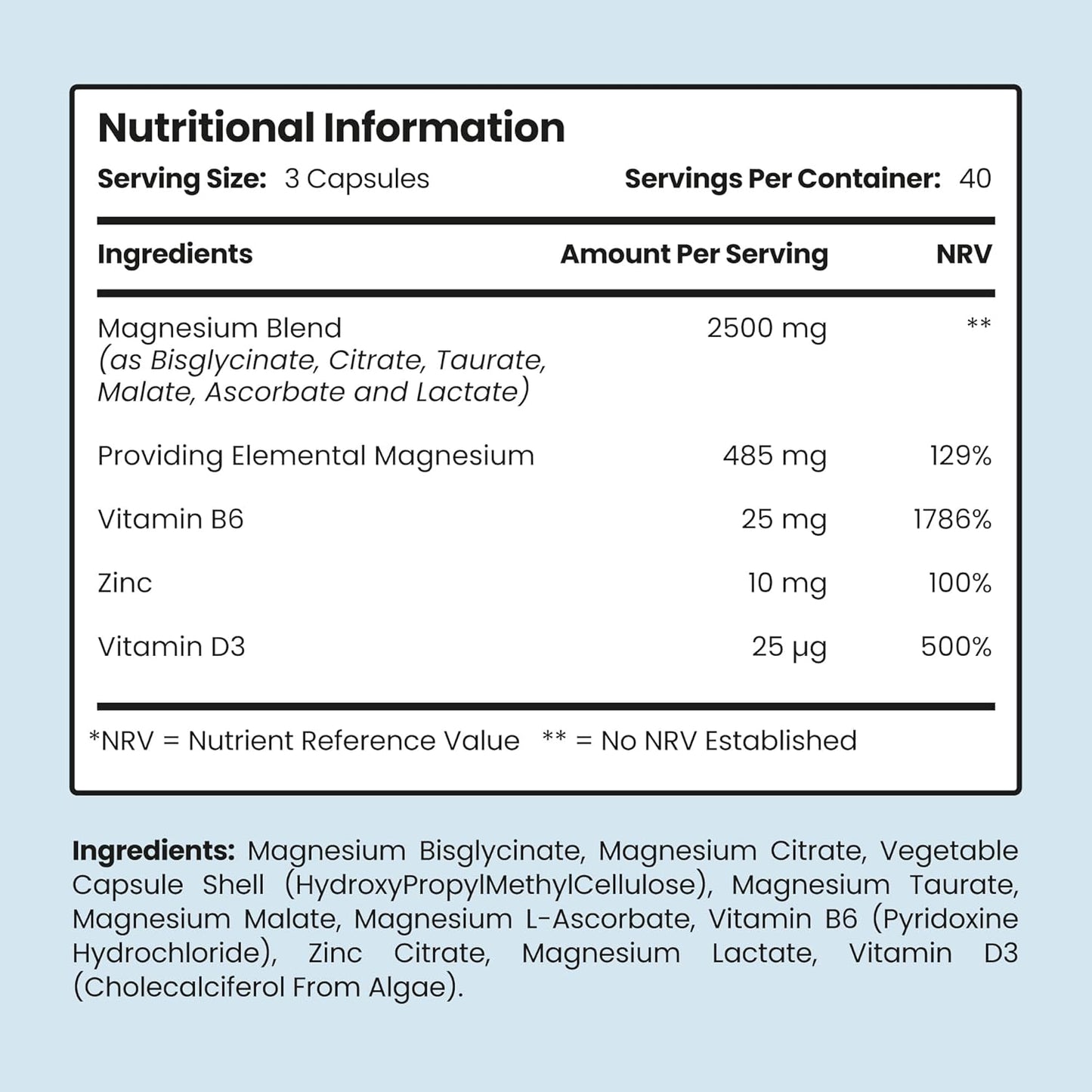 VitaBright Magnesium Glycinate Complex 6-in-1 | 2500mg, 485mg Elemental | 120 Caps | Glycinate Tablets, Zinc, Vitamin B6 & D | High Strength Magnesium Supplements for Women | ZMA Supplements for Men