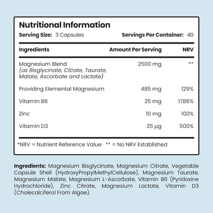 VitaBright Magnesium Glycinate Complex 6-in-1 | 2500mg, 485mg Elemental | 120 Caps | Glycinate Tablets, Zinc, Vitamin B6 & D | High Strength Magnesium Supplements for Women | ZMA Supplements for Men