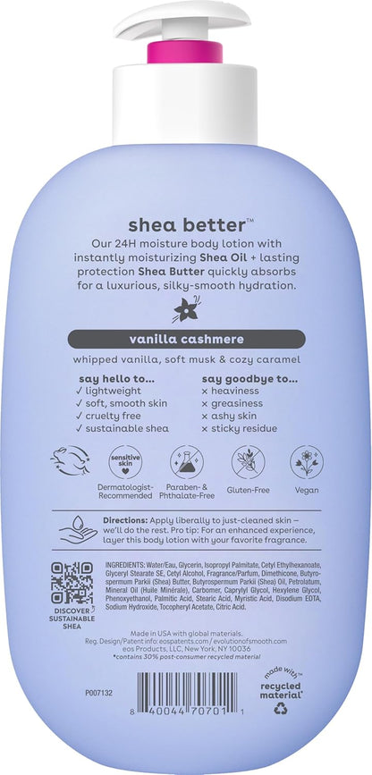 eos Shea Better Body Lotion Vanilla Cashmere, 24-Hour Moisture Skin Care, Lightweight & Non-Greasy, Natural Shea, Vegan, Vanilla Body Lotion, 16 fl oz
