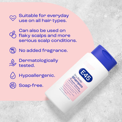 E45 Dry Scalp Shampoo for Very Dry, Itchy and Flaky Scalp - Anti Dandruff Shampoo with hydrating Vitamin B5 – Free from fragrance, soap and perfume 200ml
