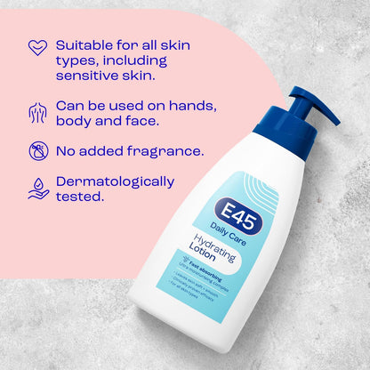 E45 Daily Lotion 400 ml for all Skin Types – Hydrating Non-Greasy Lightweight Moisturiser - Perfume-Free Long Lasting Body Face Hand Cream - Dermatologically Tested