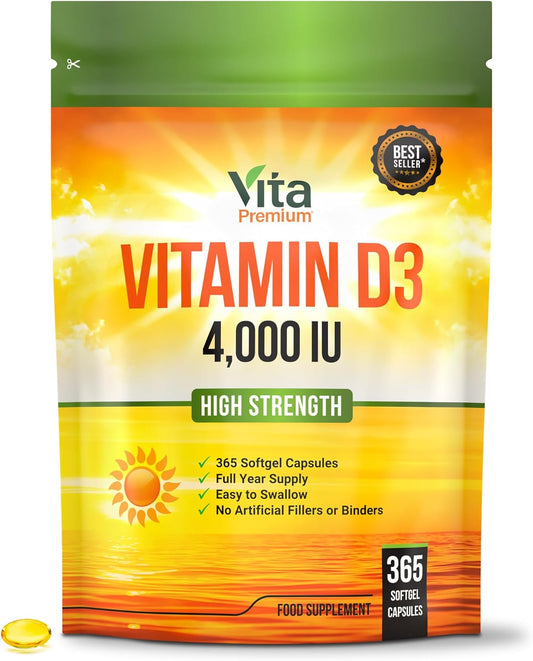 Vitamin D 4,000 IU Gel Capsules, High Strength Vitamin D3 Supplement, 365 Easy to Swallow Tablets - Full Year Supply