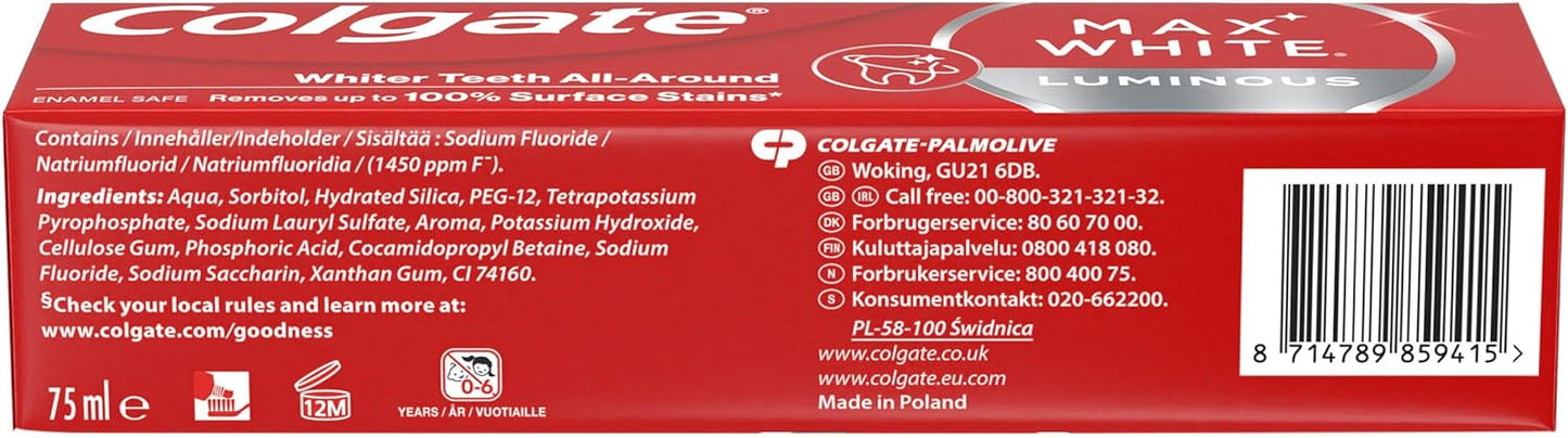 Colgate Max White Luminous Toothpaste 75ml - Teeth whitening Toothpaste - Clinically Proven Formula - Removes up to 100% of Surface Stains - SmartFoam System Cleans All Around Your Teeth
