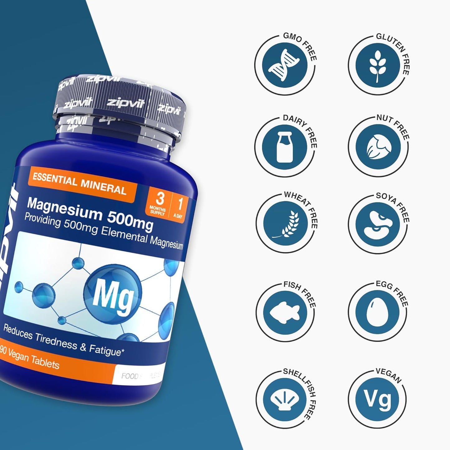 Zipvit Magnesium 500mg of Elemental, High-Strength Magnesium Supplement, 3 Month Supply, 90 Vegan Tablets, Supports Muscle, Bone & Energy
