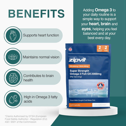 Zipvit Omega 3 Fish Oil 2000mg, EPA 660mg DHA 440mg, Wild-Caught, Cold Water Fish, Supports Heart, Brain & Vision, 120 Softgels, 2 Months Supply, Eco-Friendly Pouch