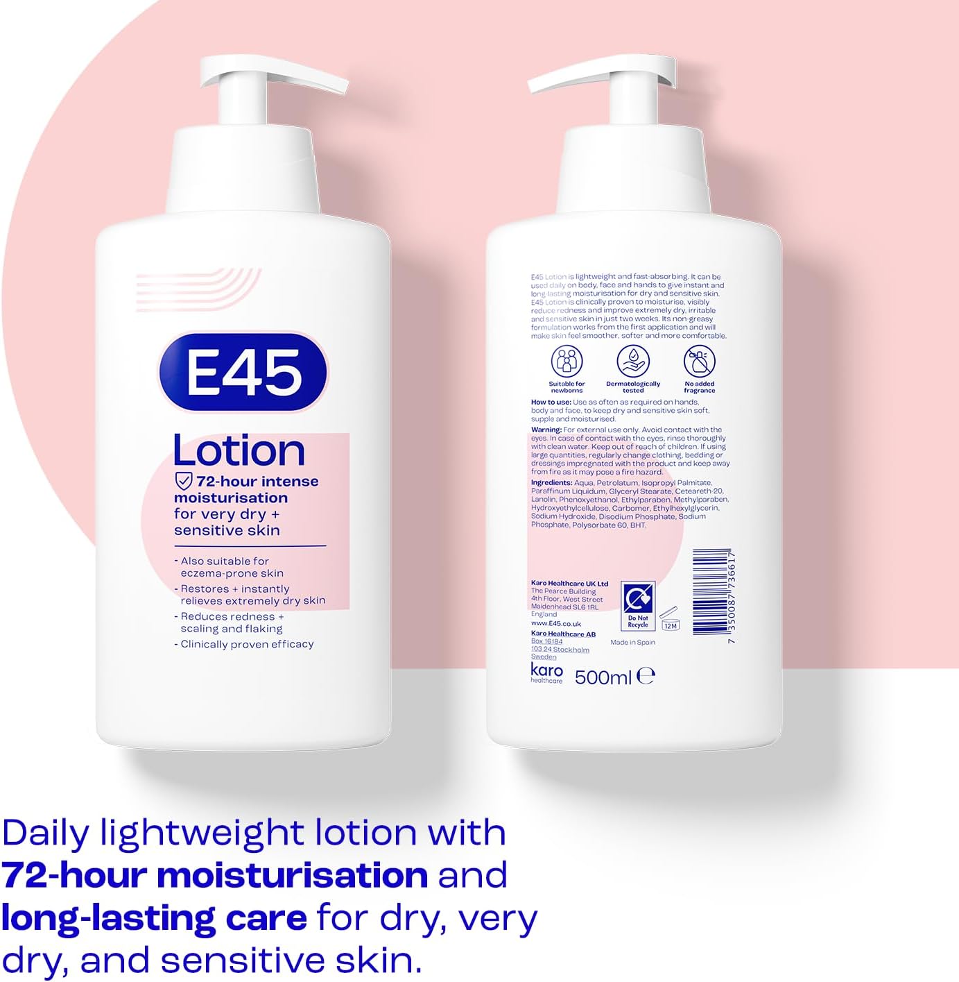E45 Moisturising Lotion 500 ml for Dry & Sensitive Skin - Long-Lasting Hydration Protect from Dryness, Reduce Redness - Dermatological Body Moisturiser Lotion - Body Lotion - Daily Moisturiser