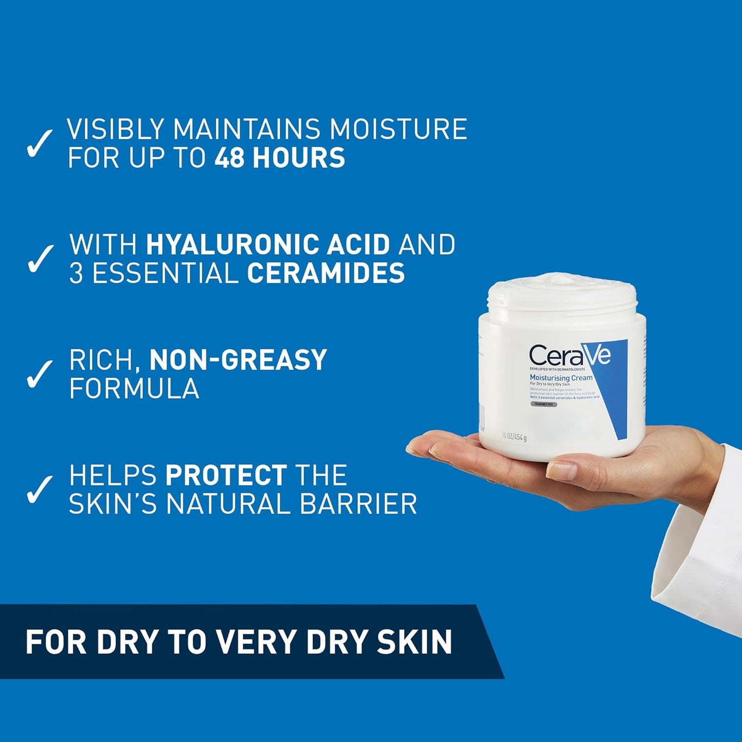 CeraVe Moisturising Cream, Face & Body, with 3 Essential Ceramides & Hyaluronic Acid for Dry to Very Dry Skin, Developed with Dermatologists, Fragrance-Free, 454g/16oz