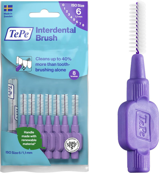 TePe Interdental Brush, Original, Purple, 1.1mm/ISO 6, 8pcs, Plaque Removal, Effective Cleaning Between Teeth, Dental flosser for Large Gaps