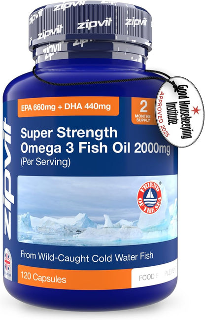 Zipvit Omega 3 Fish Oil 2000mg, EPA 660mg DHA 440mg, Wild-Caught, Cold Water Fish, Supports Heart, Brain & Vision, 120 Softgels, 2 Months Supply