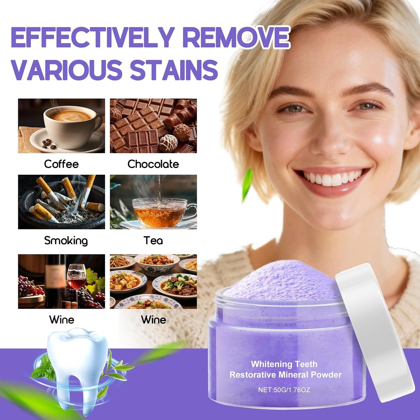 Teeth Whitening Powder - Enamel-Safe & Sensitivity-Free, Natural Stain Remover for Coffee, Wine, Smoking & Tea, Gum Protection & Freshen Breath (50g (Pack of 1))