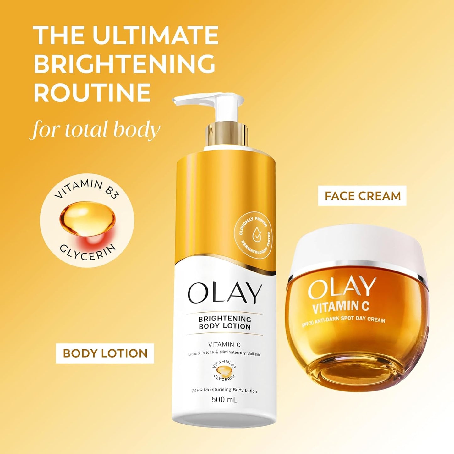 Olay Vitamin C Brightening Body Lotion, 24HR Moisturising Cream For Full Body Skin Care, Evens Skin Tone, With Vitamin C, Vitamin B5 B3, Glycerin, Smooth and Moisturised Skin, No Greasy Residue, 500ml