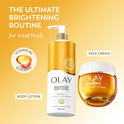 Olay Vitamin C Brightening Body Lotion, 24HR Moisturising Cream For Full Body Skin Care, Evens Skin Tone, With Vitamin C, Vitamin B5 B3, Glycerin, Smooth and Moisturised Skin, No Greasy Residue, 500ml