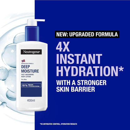 Neutrogena Norwegian Formula Deep Moisture Fast-Absorbing Body Lotion 400ml, Non-Greasy Body Moisturiser for Dry Skin with 10% Glycerine and Pro-Ceramide Technology, Provides 72-Hour Moisturisation