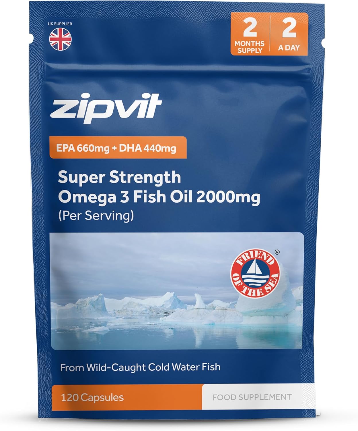 Zipvit Omega 3 Fish Oil 2000mg, EPA 660mg DHA 440mg, Wild-Caught, Cold Water Fish, Supports Heart, Brain & Vision, 120 Softgels, 2 Months Supply, Eco-Friendly Pouch