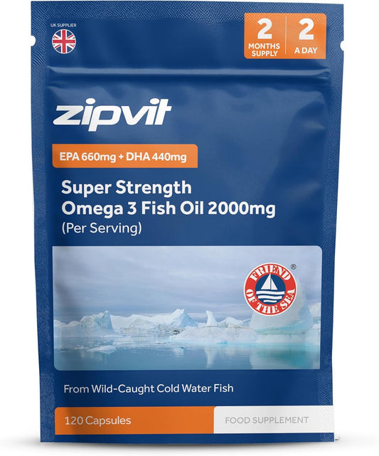 Zipvit Omega 3 Fish Oil 2000mg, EPA 660mg DHA 440mg, Wild-Caught, Cold Water Fish, Supports Heart, Brain & Vision, 120 Softgels, 2 Months Supply, Eco-Friendly Pouch
