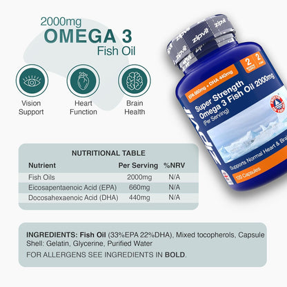 Zipvit Omega 3 Fish Oil 2000mg, EPA 660mg DHA 440mg, Wild-Caught, Cold Water Fish, Supports Heart, Brain & Vision, 120 Softgels, 2 Months Supply
