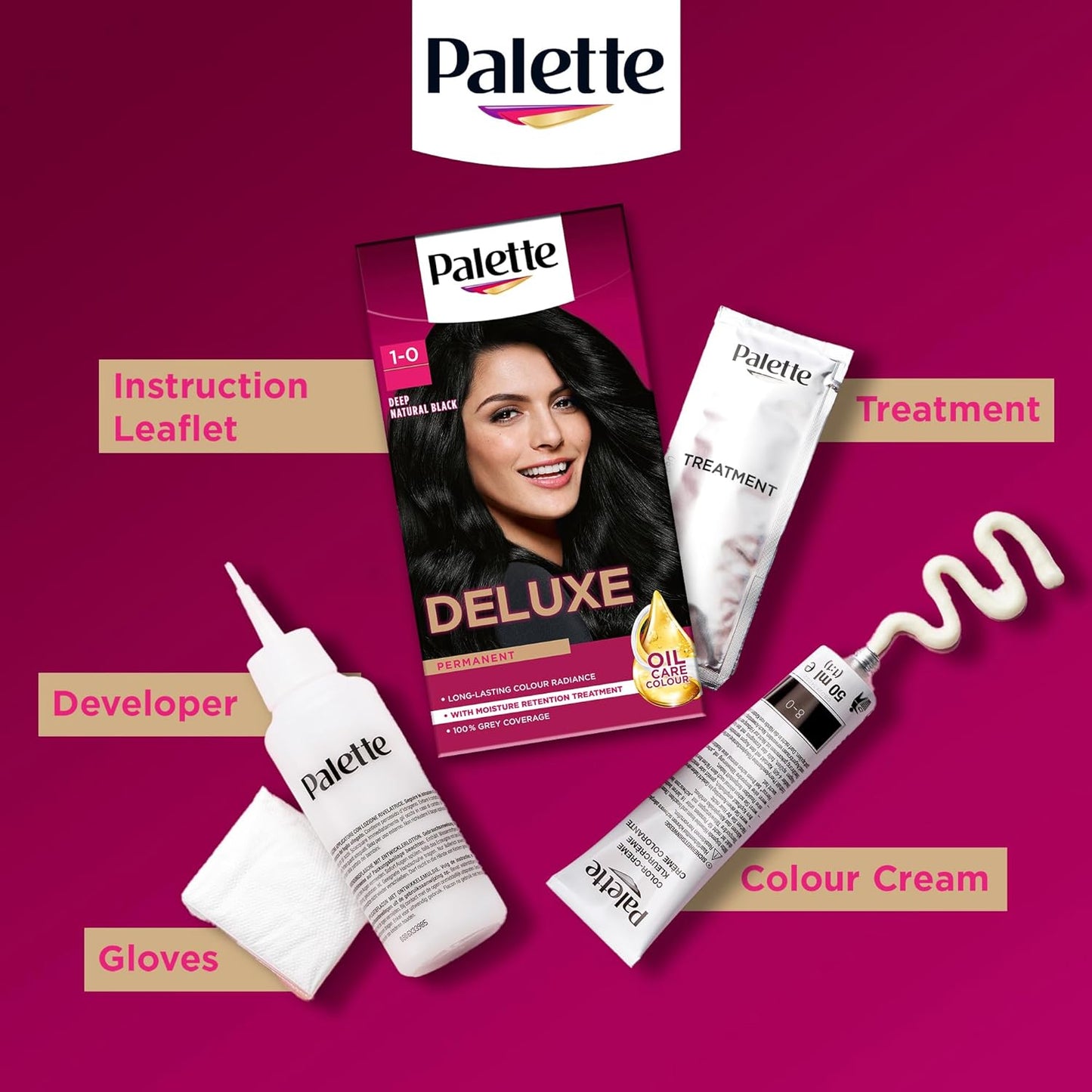 Palette Deluxe Creme Colouration 1-0 Deep Natural Black Hair Dye, Permanent Hair Dye, Long-Lasting Hair Colouring with Moisture Retention Treatment and 100% Grey Coverage