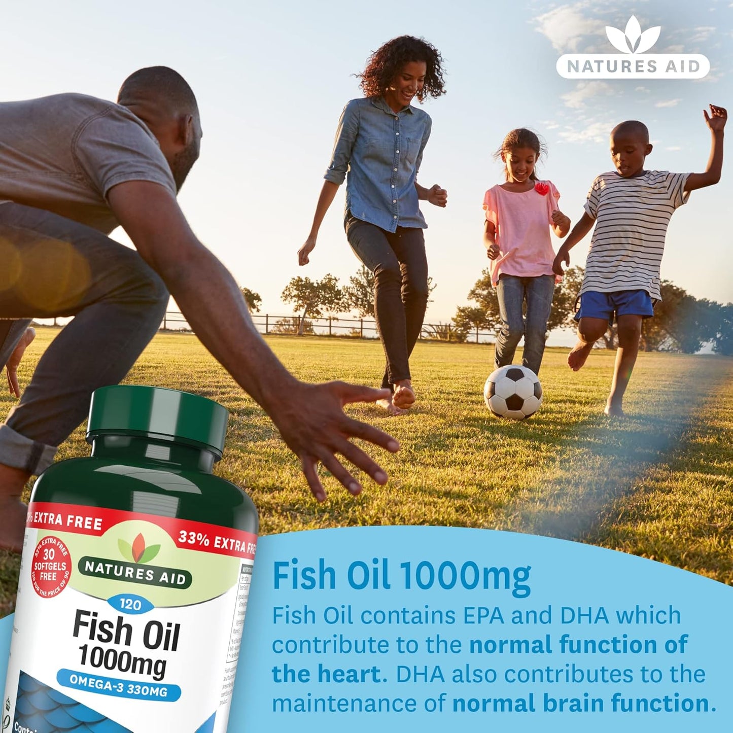 Natures Aid Fish Oil 1000mg – High Strength Omega-3 Supplement with DHA & EPA – Supports Heart, Brain Vision, Immune & Joint Health Non-GMO – High Strength Natural Fish Oil – 120 Softgel Capsules