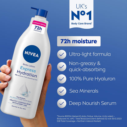 NIVEA Express Hydration Body Lotion (400ml), Fast Absorbing 72H Hydration Body Moisturiser for Dry Skin Made with Deep Moisture Serum and Sea Minerals, Smooth Skin Lotion