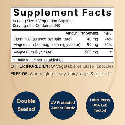 Naturebell Pure Magnesium Glycinate 500mg, 240 Veggie Capsules | 100% Chelated & Purified – 3rd Party Tested, Vegan Friendly, Non-GMO, Filler Free